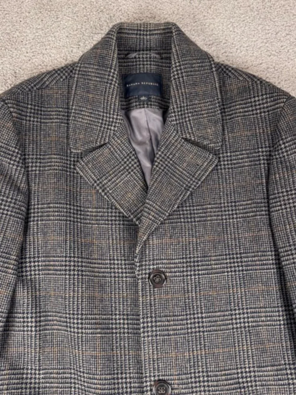 Banana Republic Men’s Wool Gray Glen Plaid Topcoat Trench Jacket Pea Coat Large